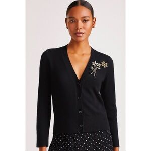 Kate Spade Wool Blend Black Rhinestone Broach Embellished Cardigan Sweater XXS
